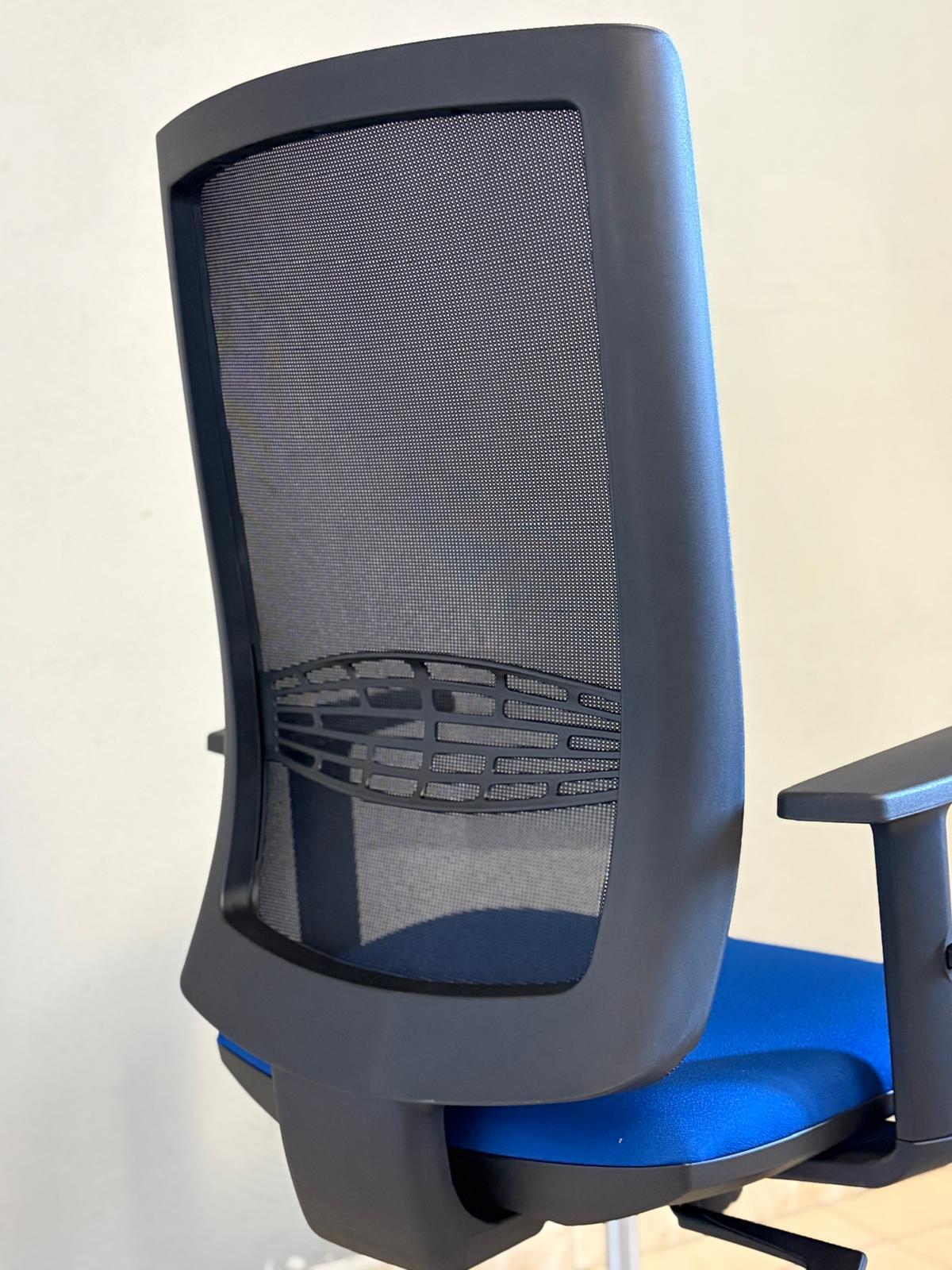 Rear of the backrest, with black frame, mesh and grid-pattern lumbar support
